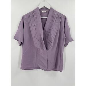 Omanti Vintage Blouse Womens 10 Lavender Purple 100% Silk Pleated Short Sleeves
